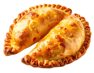 Two golden-brown, baked turnovers with crimped edges, isolated on black