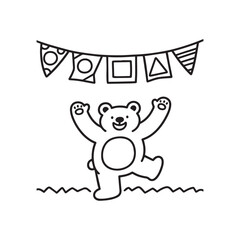A black and white line art illustration of a cheerful bear joyfully dancing with arms raised and a wide smile. 