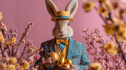 Cute Easter bunny gentleman in a three-piece suit presenting a colorful Easter egg isolated on white
