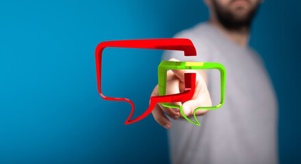 Conceptual shot shows person presenting rendered 3D dialogue bubbles. Illustrates online interface, communication, discussion and modern technol