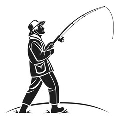 Obraz premium Fisherman silhouette casting rod on grassy bank fishing