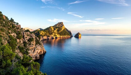 Seaside Cliffs and Azure Sea Panorama Mallorca Spain Scenic View Blue Water Vegetation Rock Formations Clear Sky Sunlit Coastline Outdoor Scenery
