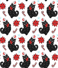 merry christmas winter holidays  festive seamless pattern with black cats candy canes snowflakes santa hats and poinsettia blooms in black white red, vector illustration repeat design print