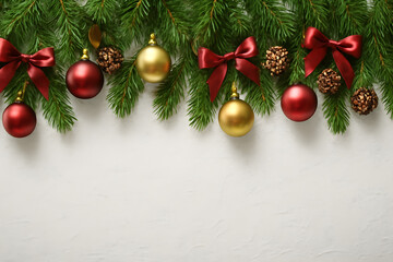 Festive christmas border with ornaments, bows, and pine branches isolated on white background for holiday cheer, christmas