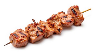 Grilled meat skewers on wooden stick with charred edges  
