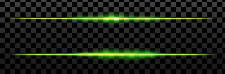 Green laser line beam on dark background. Green neon light horizontal ray beam