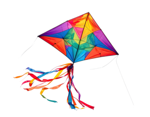A colorful diamond-shaped kite with streamers, isolated on a black background