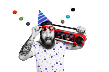 Sketch image composite trend 3D of collage of happy birthday greeting card young man cone hat carefree relax hand hold boombox holiday