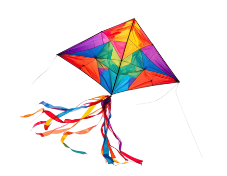 A colorful diamond-shaped kite with streamers, isolated on a black background