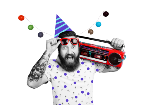 Sketch image composite trend 3D of collage of happy birthday greeting card young man cone hat carefree relax hand hold boombox holiday