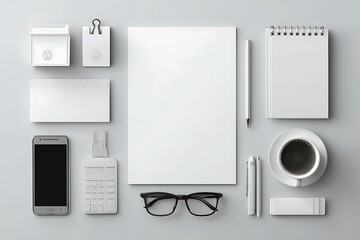 Minimalist Workspace Arrangement Featuring Essential Stationery and Technology Items Neatly Displayed for Office or Creative Professionals.