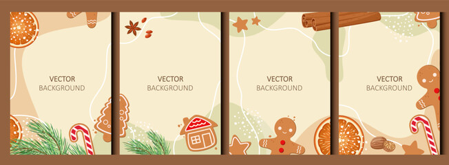A set of festive abstract posters with gingerbread cookies. Vector.
