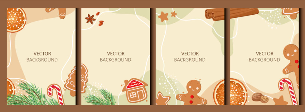 A set of festive abstract posters with gingerbread cookies. Vector.
