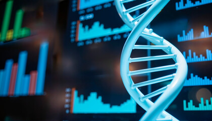 DNA double helix model overlaid on digital data visualization screens