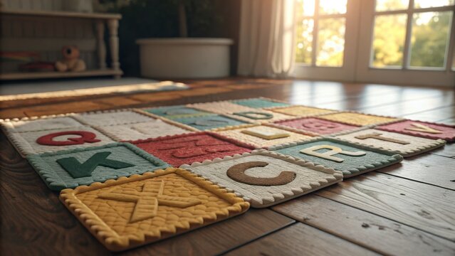 Colorful alphabet squares made of tactile fabric on wooden floor