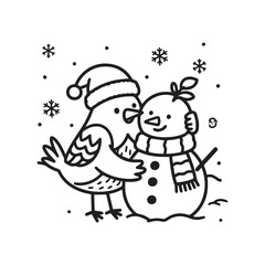Cheerful Bird Hugging Snowman in Festive Winter Wonderland Line Art Design. 