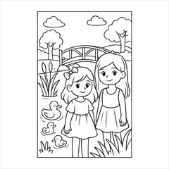 Two happy girls and ducklings by a bridge coloring page
