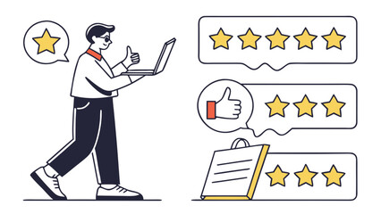 Man giving thumbs up with laptop and star ratings feedback