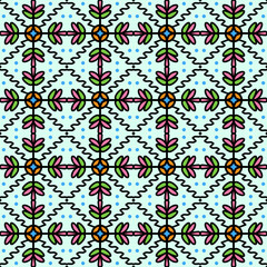 Elegant seamless floral geometric pattern with decorative leaf ornaments in pink and green tones