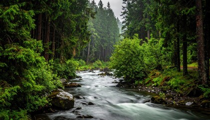 Obraz premium Serene Forest Stream with Lush Greenery Under Overcast Sky Reflecting Peace and Tranquility in a Nature Landscape with Tall Trees and Water Movement