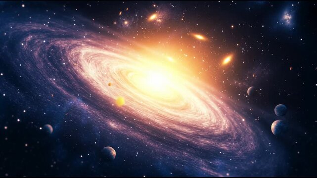 Planets are orbiting a spiral galaxy surrounded by asteroids and other celestial objects