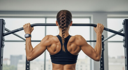 Fototapeta premium Muscular woman doing a pull-up exercise in the gym. Rear view of a strong female athlete with a defined back. Strength training and fitness workout