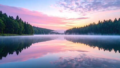 Fototapeta premium Serene Lake Reflection at Sunrise Featuring Pink Clouds Green Trees and Calm Water Landscape in Misty Light Conditions