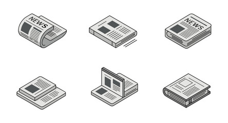 Isometric newspaper icons set featuring various designs and layouts
