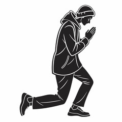 Man in hooded jacket and beanie praying on white background