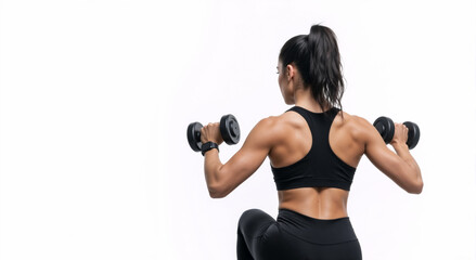 Fototapeta premium Fit woman with a muscular back exercising with dumbbells. Rear view of an athletic female doing a strength training workout on a white background with copy space.