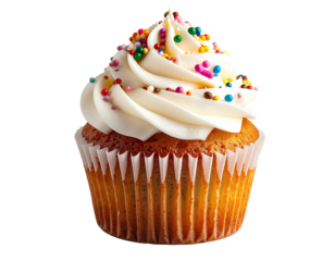 A delectable cupcake featuring vanilla frosting and vibrant rainbow sprinkles