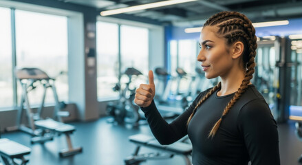 Fototapeta premium Fit woman with braids giving a thumbs up in the gym. Positive athlete showing approval after a workout. Healthy lifestyle and fitness motivation concept