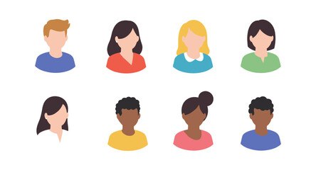 Diverse avatars in flat style featuring men and women with various hairstyles and colors