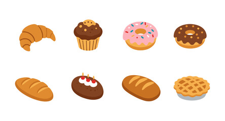 Assorted baked goods collection: croissant, muffin, donut, bread, and pie in flat style