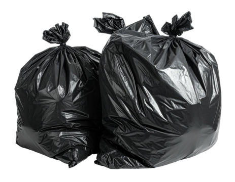 Two black plastic bags, tightly knotted, resting against each other on a light background