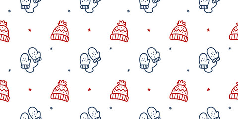 Seamless vector illustration of winter-themed pattern featuring hand-drawn mittens and hats. Ideal for seasonal designs, this repeating pattern brings a cozy winter aesthetic to fabrics or prints.