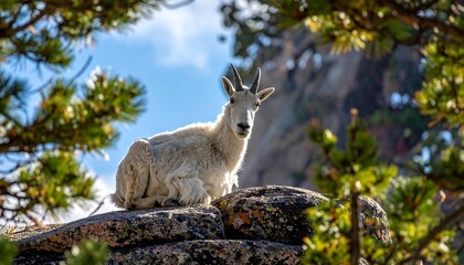 Mountain goat resting on a rocky outcrop, framed by pine trees