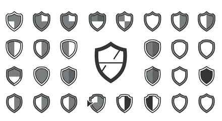 Collection of shield icons in various shapes and shades for protection