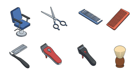 Isometric barber tools set including scissors, comb, razor, and clipper on white background