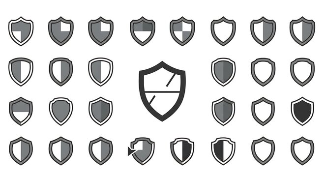 Collection of shield icons in various shapes and shades for protection