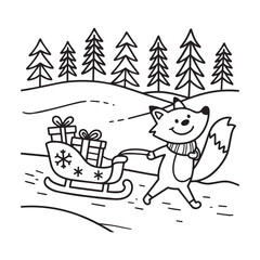 Cheerful Fox Pulling Decorated Sleigh with Present Across Snowy Winter Landscape. 
