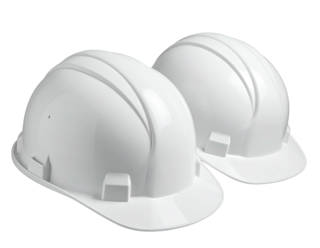 Two glossy white protective headgear, slightly angled, set against a dark backdrop