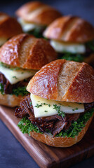 An illustration of a unique, crispy sandwich with lettuce, freshly cooked beef brisket, and gooey cheese. Home-cooked food. Restaurant menu.