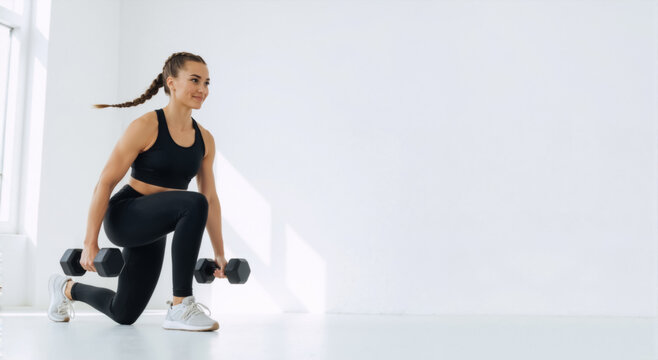 Fit woman doing lunge exercise with dumbbells in a white studio. Strength training and workout for a healthy lifestyle. Copy space for text