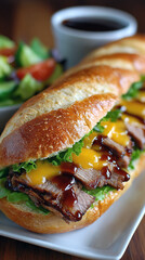 An illustration of a unique, crispy sandwich with lettuce, freshly cooked beef brisket, and gooey cheese. Home-cooked food. Restaurant menu.
