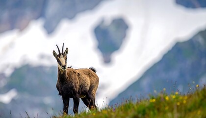 Mountain goat stands amidst alpine meadow