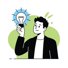 Vector art of a man is holding a light bulb, symbolizing a bright idea or innovation, hes dressed in a jacket, representing professionalism