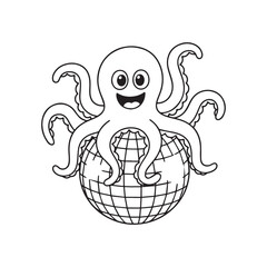  Cheerful Octopus Dancing on Disco Ball in Starry Night Line Art Design.