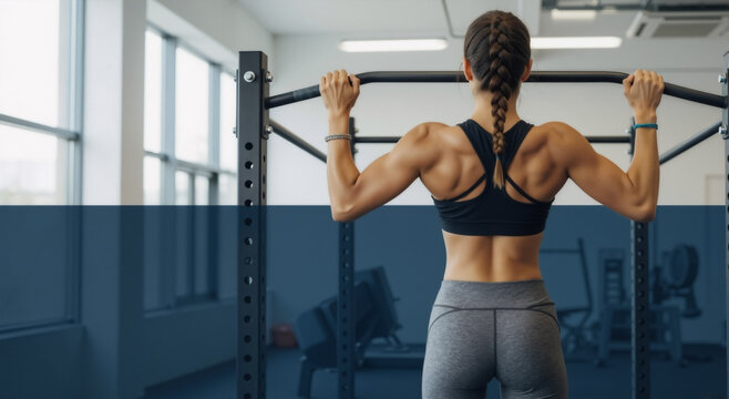 A fit woman with a muscular back doing pull-ups in the gym. Athletic female strength training workout. Healthy lifestyle and bodybuilding concept with copy space