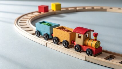 Naklejka premium Colorful wooden toy train with carriages on a wooden track